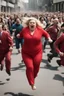 Placeholder: an obese terrified blonde woman in a red pant suit desperately running away from an angry mob of hundreds of people chasing her from far behind