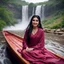 Placeholder: Hyper Realistic Photographic View Of A Gorgeous Pashto Girl (Wearing Simple Maroon Colored Dress & Wearing Plain Pink Dupatta On Her Neck) Happily Sitting & Smiling On A Boat & Showing Her Long Black Hair On The River With Beautiful Waterfall At The Back, At Heavy Rainy Weather Showing Dramatic & Cinematic Ambiance.