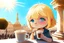 Placeholder: contented cute blonde blue eyed chibi girl drinking coffee in Rome in sunshine