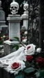 Placeholder: A grave above it a white lace scarf and blood on it. white roses. Cinematic picture