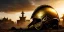 Placeholder: apocalypse, chaotic, magnificent, realistic, colorful, massive, epic, ray tracing, cinematic, 8k, HD, Ultra High Definition, photo film, film grain, hyper-detailed, old tarnished ornate rusty Hyper detailed Gold Medieval horned Knight helmet on ground with glass visor