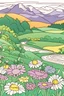 Placeholder: kids coloring page, field with flowers and mountain background, cartoon style, thick lines, low detail, no shading