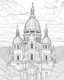 Placeholder: a coloring page, depicting the Sacre Coeur in France, full page, full view, black and white, line art, outline, highly defined lines, with scenery