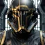 Placeholder: star wars bald male corellian pilot wearing pearlescent black and gunmetal grey First Order special forces heavy assault armor and helmet with gold trim inside the jedi temple, centered portrait, hyperdetailed, dynamic lighting, hyperdetailed background, 8k resolution, volumetric lighting, light skin, fully symmetric details