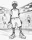 Placeholder: coloring page, depicting a black kid as an Athlete, full body, outline, black and white, highly defined, white background, empty background, cartoon style, coloring book style