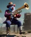 Placeholder: mechanoid old friendly fat clown with trimmed beard playing jazz with a steampunk theme, trumpet, realistic