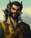 Placeholder: fantasy demon tiefling horned, small ram horns, pale skin, gray skin, rogue scoundrel happy go lucky, cheeky smirk, winking, gunslinger pirate pistol, pirate gear, yellow shining cat eyes, black neck length hair, short black beard, green jacket, leather ammo belt, braided goatee