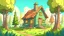 Placeholder: Cartoon style: at the end of the forest, far away on the horizon a small wooden house