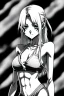 Placeholder: slim girl in bikini with blonde hair and two pigtails, manga style, cool pose, greyscale