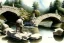 Placeholder: an artist with an easel sits on a stool next to a little stone bridge, he is painting. highly detailed, smooth colours. Watercolour