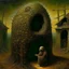 Placeholder: Cirrhosis grotesque overdose Shirley Jackson's lottery, abstract surrealism, by Phlegm and Dave McKean and Zdzislaw Beksinski, mind-bending matte oil painting; warm colors, off-centered fragmented composition, burlap sack mask dark shines overdose of grotesque, Expressionism