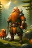 Placeholder: Realistisches Bild von einem DnD Charakters. Männlichen Zwerg mit orangenem Vollbart. Er ist gekleidet als Waldläufer mit einer Axt. Sein Begleiter ist ein Wildschwein. Der Zwerg raucht Pfeie und steht in einem Wald mit Bergen im Hintergrund.