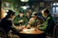 Placeholder: Smoky pub, cheerful young men drinking around a table, a policeman looking thoughtfully at the ID card of one of the boys, lamplight