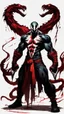 Placeholder: A close picture of Venom symbiote with kratos red tattoos and Clothes, holding blade of choice