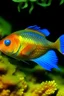 Placeholder: orange wrasse fish with blue eyes, yellow belly and sharp purplish-black fins