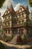 Placeholder: tall, slim, woman, with wings, and scales, large medieval gothic inn, with a balcony, next to a sloping, cobbled road, surrounded by trees with dense foliage, photo-realistic