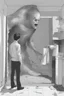 Placeholder: a man looking into a shattered bathroom mirror and seeing a horrifying, abstract deranged monster in his reflection