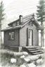 Placeholder: Make this cabin a small modern minihouse with large floor to ceiling windows, black composite materials, steel, glass style. Add solarpanels to ceiling. Make a nice modern garden. It should be evening with smooth light settings. Ultra realistic