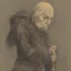 Placeholder: Portrait of a withered old witch with walking cane