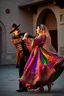 Placeholder: A dynamic and joyful photo of a young Azerbaijani couple performing a traditional dance, captured in a moment of graceful movement. The man wears a black 'Papakha' (wool hat) and a fitted 'Chokha' (folk coat) with ornate silver cartridge cases on the chest. The woman wears a vibrant, colorful silk dress with a full, flowing skirt, a beautifully embroidered veil, and delicate gold jewelry. They are dancing in a historic courtyard in Baku at sunset, with warm, golden hour light illuminating the sc