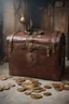 Placeholder: in the BASEMENT there is an old, broken brown oblong leather chest with short handles, with a hole on the side, gold coins from the time of Catherine the Great fall out of it. The ancient coat of arms of tsarist Russia, the double-headed eagle, is BARELY VISIBLE on the bag. All in high quality 8K