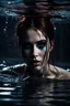 Placeholder: A beautiful Goth girl, dark black makeup, dark under eyes, auburn hair with black stripes, action image of her braking water surface, freedom, dramatic, highly detailed, 8k, abstract