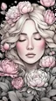 Placeholder: young woman, with blonde hair, a coloring page of a beautiful bouquet of peonies all around her face, her eyes are closed and dreaming peacefully, only her face shows, her face covered by the bouquet of peonies, with a black background, clear outline, no shadows, sketch colors, 4k