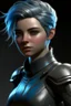 Placeholder: create a female air genasi from dungeons and dragons, dark gray short hair, light blue eyes, wind like hair, wearing hot leather clothing, realistic, from waist up, digital art, high resolution, strong lighting