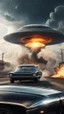 Placeholder: The image shows a photograph with a science fiction theme. Reflected in a side-view mirror, we see a classic car with passengers, driving on a desolate road. In the background, a large UFO hovers in the sky while multiple explosions erupt in the distance, sending up clouds of smoke and fire. The mirror's border frames this chaotic scene, juxtaposing a calm, seemingly oblivious drive with the dramatic events unfolding behind. The aged effect of the photo adds a layer of nostalgia to t