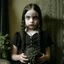 Placeholder: wednesday addams as a child, braids, frange, with a black flower,worn polaroid, 1970s, empty room, no émotion on her cold face