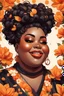 Placeholder: Create a expressionism cartoon art style image of a plus size black female looking down with a smile on her face. Prominent makeup with hazel eyes. Highly detailed messy curly bun with a hair scarf tied on her head with large orange magnolia flowers surrounding her. 2k