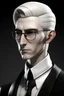 Placeholder: a pale highelf male with short platinum slicked back hair. he has a serious gaze but is young and handsome. he wears thin black rectangle glasses and a black and white business suit.