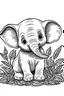 Placeholder: cute coloring page, sketch style, cute baby elephan in the jungle, cute cartoon, white and black, withe background, no shadows, outline.