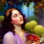 Placeholder: Hyperdetailed oil on canvas, young annie henley at a temple fountain, beautiful, detailed face, long dark hair, surrounded by luminous colorful sparkles, airbrush, depth of field, raspberries, blackberries, octane render, by gaspar camps, maxfield parrish, alphonse mucha, cyril rolando, volumetric lighting, dusk, 16k