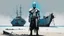 Placeholder: ((three)) determined cyberpunk warlord (wearing white khiton) standing in front of a boat wreck on a radioactive beach, acrylic painting, minimal art, centered, wild sparse brushstrokes, amazing verticals, great parallels, low bleak colors of gray, blue and black, excellent negative space contrasts