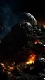 Placeholder: molten dark rocks and pebbles of various sizes merging together as a rocky volcanic planet in darkness with chunks of small rocks of various sizes, dust, and explosions of magma mixed with ash hurtling outward surrounded by distant stars in a vast universe