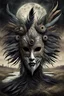 Placeholder: An surreal stunning image of a crepy ritualistic Feathered Mask-face mutant witd dark eyes, pale skin, on creature, with dark muted tones, a grim and weird atmosphere, textured impasto-like effect with ink, intricate details, surreal vibe, expressive focusing, muted tones, gradients, thriller and utopistic mood, in background barren landscape, ruins, dark shadows