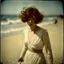 Placeholder: Clara bow on the beach, in the wind, white lace dress, autochrome
