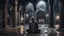 Placeholder: Hyper Realistic Adult-Muslim Guy Crying & Praying-Namaz with-lean-body-language outside an old abandoned dark mosque at dark heavy rainy night showing dramatic & cinematic ambiance.