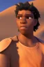 Placeholder: 3D render of a cyberpunk tribal teen black man, black hair, on a bright orange dune background, digital art