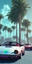 Placeholder: 1980's aesthetic vaporwave palm trees and spheres and glowing Porsche