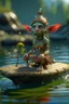 Placeholder: danish elf pixie hippie creature on small raft, in the style of fantasy movies, photorealistic, shot on Hasselblad h6d-400c, zeiss prime lens, bokeh like f/0.8, tilt-shift lens 8k, high detail, smooth render, unreal engine 5, cinema 4d, HDR, dust effect, vivid colors