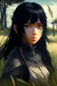 Placeholder: Anime, black hair girl in medieval clothing in large field in the middle of the forest, HD, extreme detail in the face