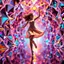 Placeholder: A young lady in modern dress dances in a vibrant, vibrating, color-rich 3D environment of metallic and crystal recursive geometric structures and an evolving ,Creative 3d fractal art, blurred bokeh effect,