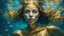 Placeholder: woman underwater, beautiful eyes, dancing underwater, gold, scales, double exposure, highlights, sparkles, clear lines, detail, fine rendering, high resolution, 64K, photorealism, precise focus, digital painting,