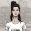 Placeholder: Portrait, brunette character with black hair, t-shirt comic book illustration looking straight ahead, post apocalypse