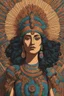 Placeholder: museum quality color woodcut of an ancient an Aztec queen with highly detailed hair and facial features , in the style of Gustave Baumann, with a fine art aesthetic, highly detailed, finely cut ,8k render,no tattoos on the face