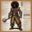 Placeholder: medieval character concept sheet with AD&D statistics and characteristics, [illustration by Kevin Eastman and Peter Laird] the Obeah Man fantasy wizard , "damn, he fly" he pimps to the beat, in his new lafreak yeah, animal print pants outta control it's redfoo with the big afro