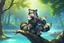 Placeholder: Girl, green hair, raccoon tail, raccoon paws in hand, raccoon paws in foot, forest, river, sit on tree, coat on neck, with tongue out, big tail, furry