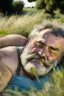 Placeholder: Portrait photography, 35mm lens lens, a happy smiling muscular Sardinian shepherd burly chubby man 58 years old, lying down in the meadow near a little tree, ugly and dirty, bullneck, manly chest, in tank top and overalls, wild white beard, ambient occlusion, strong sunshine, emotive eyes, misery and poverty, side view